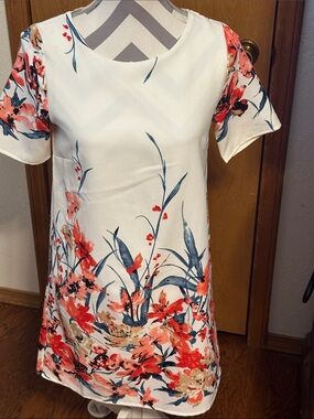 Peppermint White Dress with Coral & Navy Floral Print